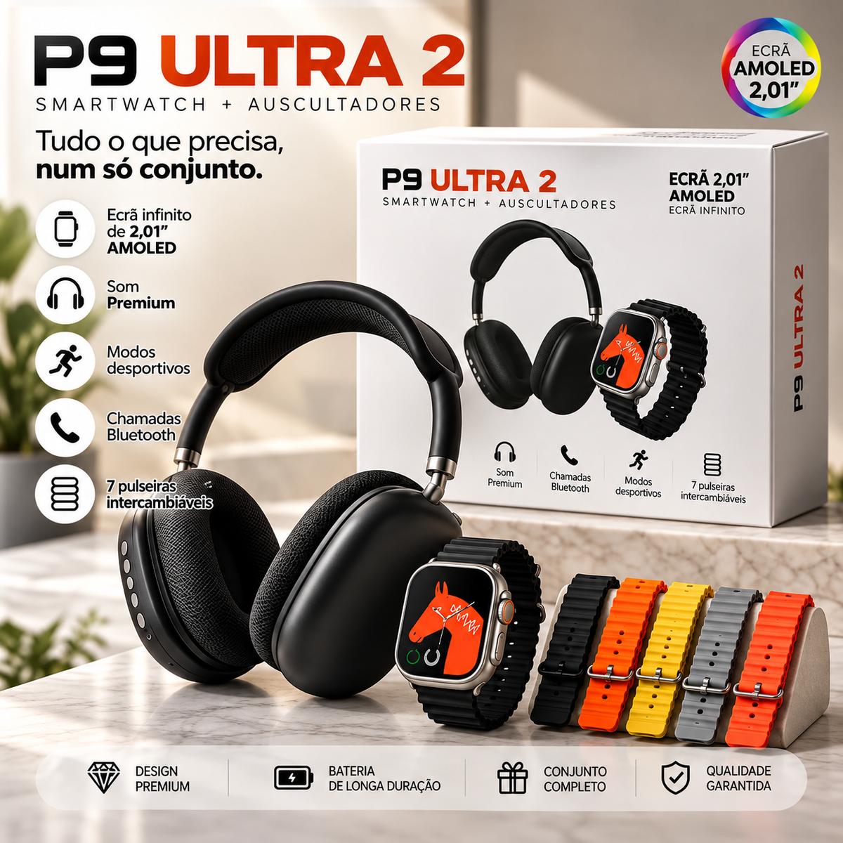 Smartwatch Ultra 2™ + 7 Pulseiras + Auscultadores P9
