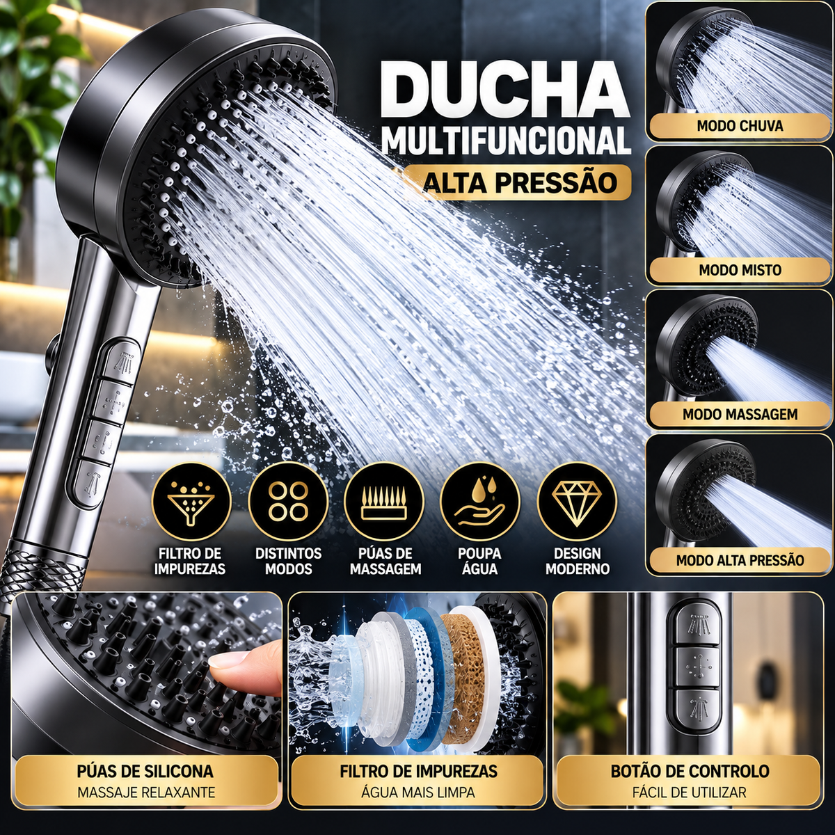 AquaTurbo 4X - Cabeça de Duche Multifuncional de Alta Pressão
