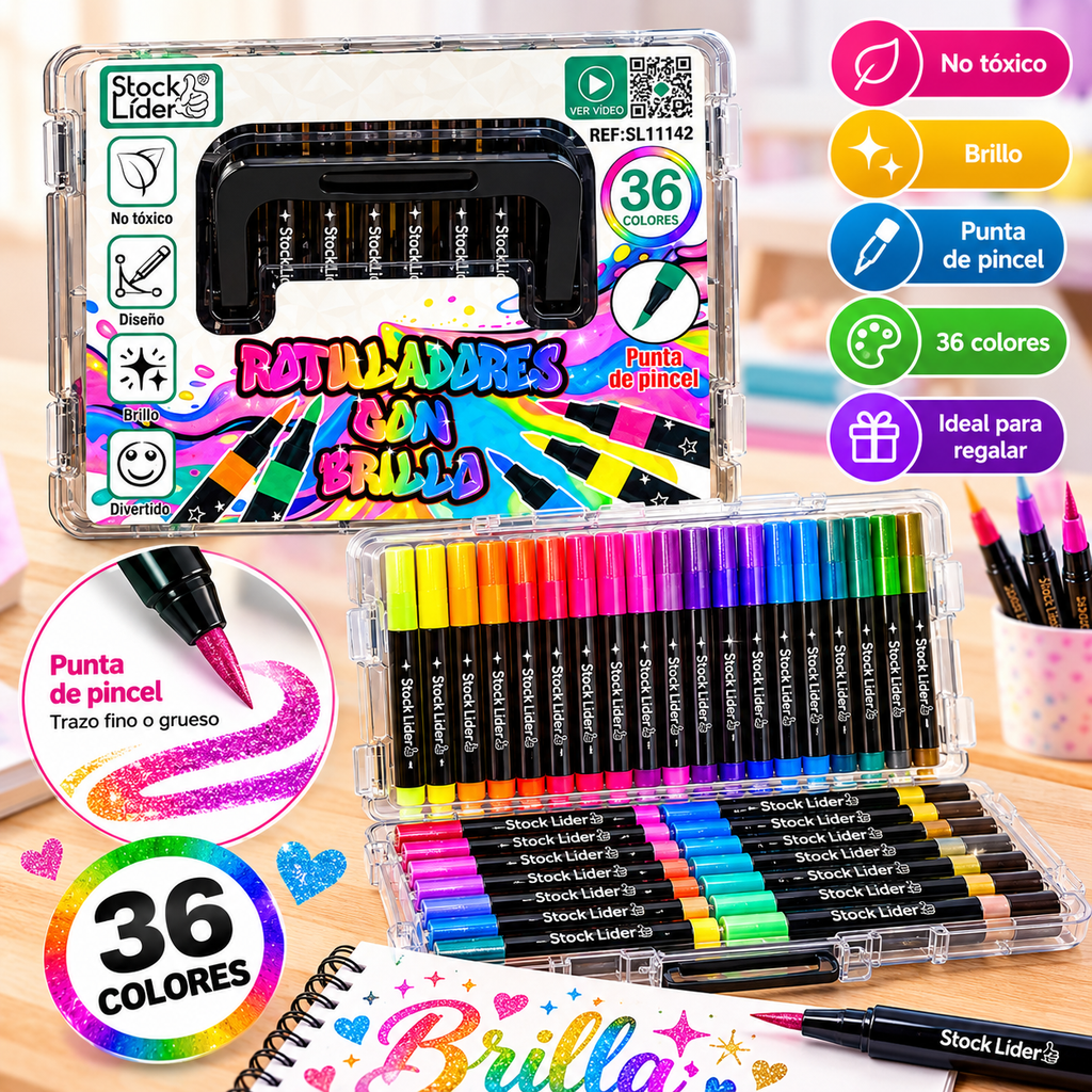 ✨ GlitterBrush™ – Marcadores com Brilho, 36 Cores + Linda Maleta