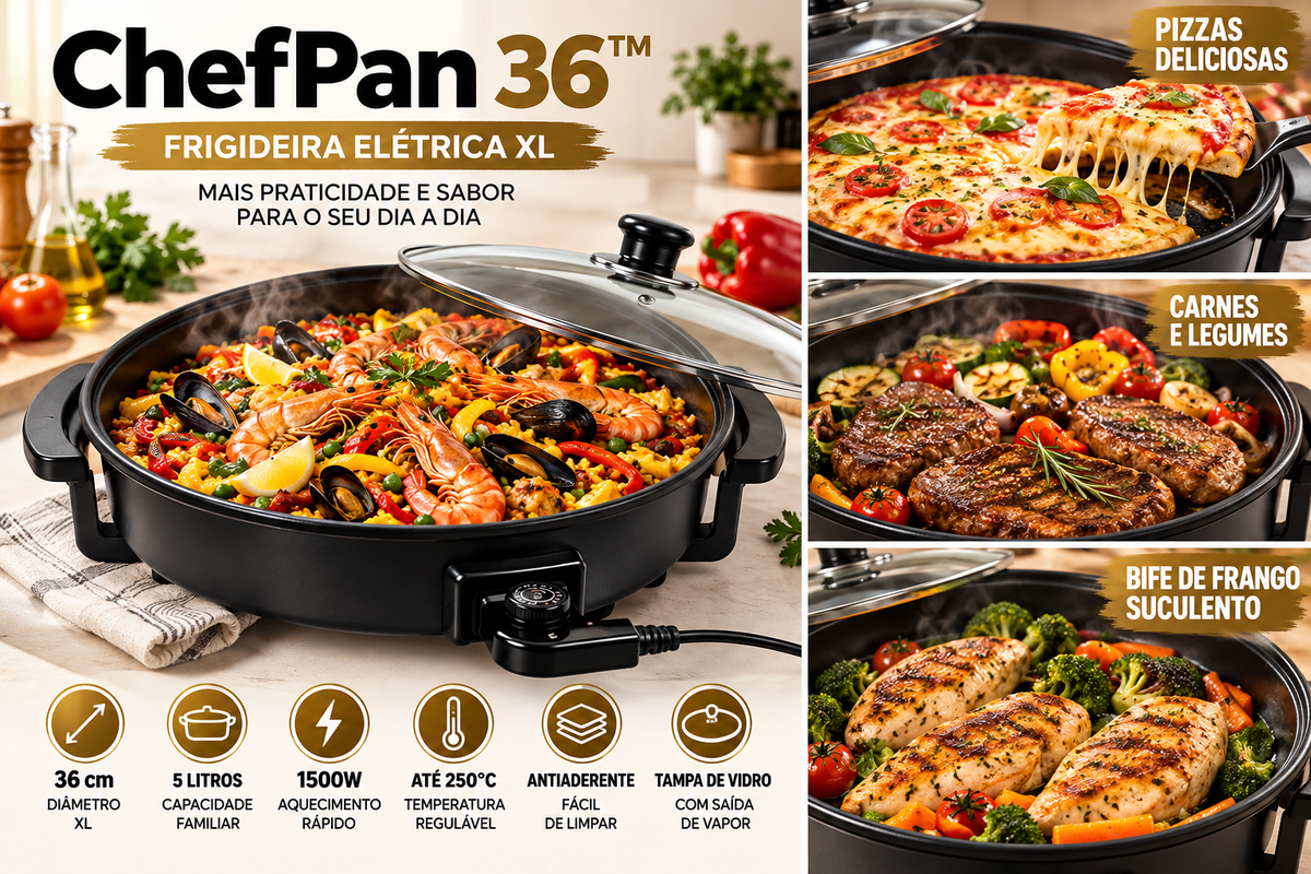 🔥 ChefPan 36™ – Frigideira Elétrica XL 1500W com Tampa de Vidro